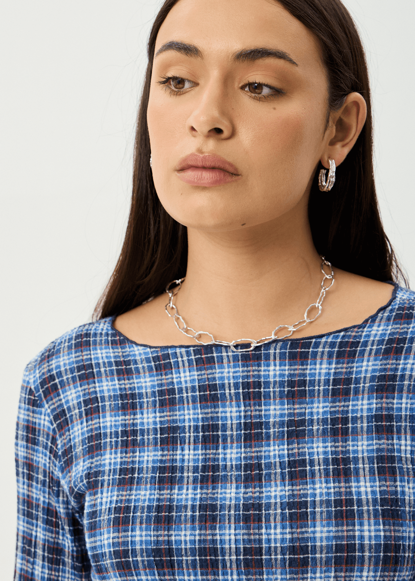 Mountains - Hemp Seersucker Long Sleeve Top - AfendsW262110- Navy Red Check-S