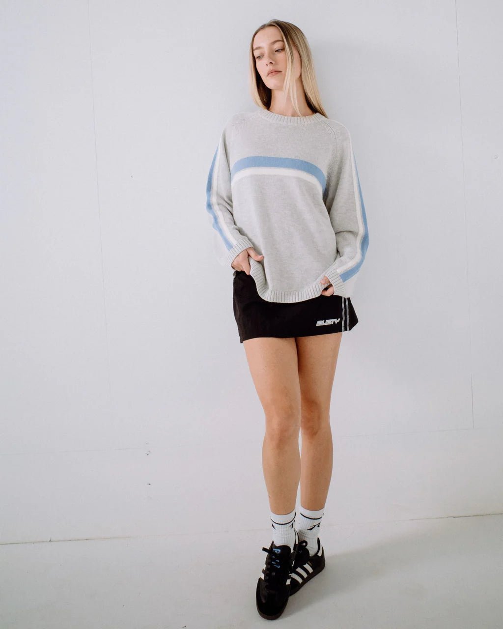 WHITE LINES LONG SLEEVE CREW NECK KNIT - RustyCKL0510-GREY MARLE / BLUE-XS