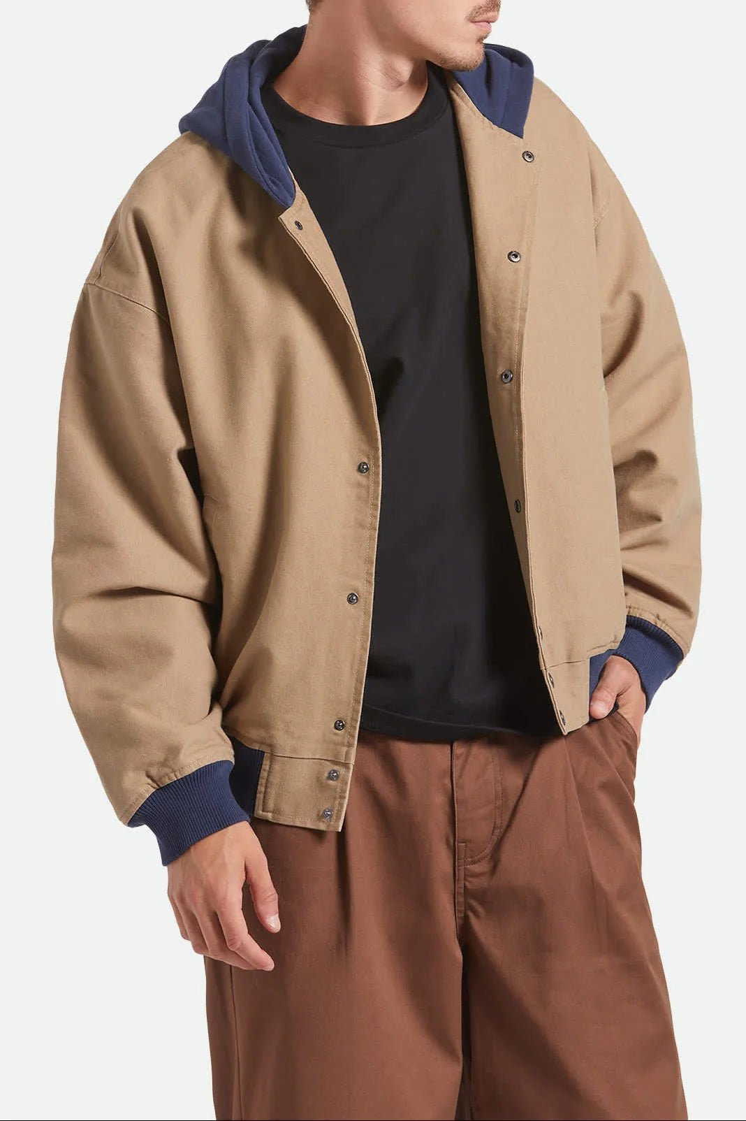 CANVAS HOODED BOMBER JKT - Brixton3464-KHAKI/MOOD INDIGO-M