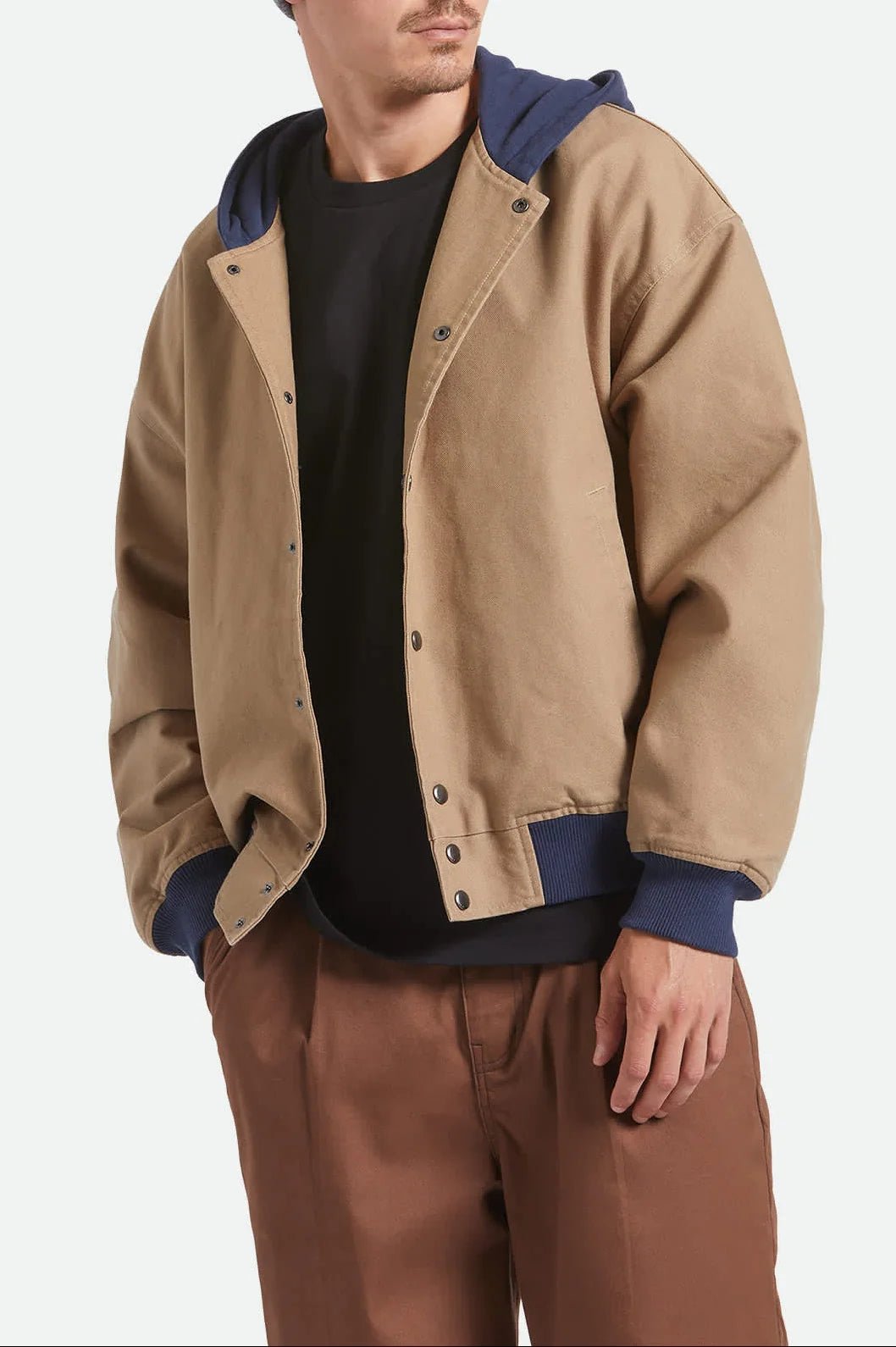 CANVAS HOODED BOMBER JKT - Brixton3464-KHAKI/MOOD INDIGO-M