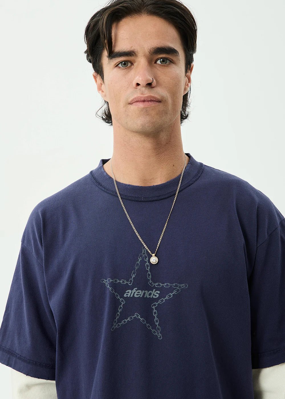 Chains - Recycled Heavyweight Layered Waffle Boxy Tee - AfendsM262061-WASHED DEEP SEA-XS