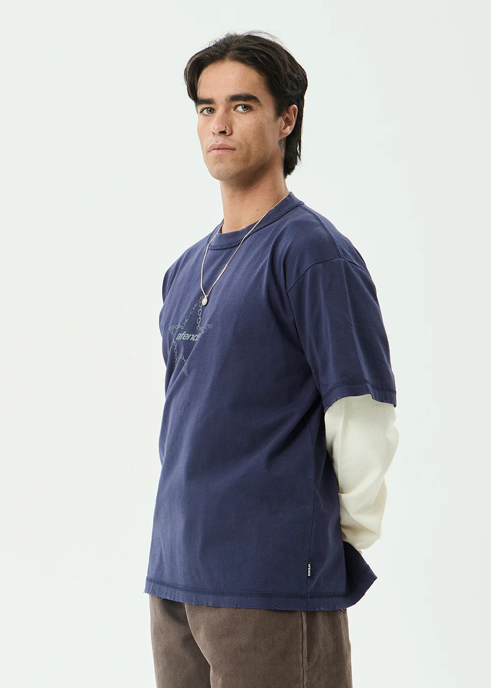 Chains - Recycled Heavyweight Layered Waffle Boxy Tee - AfendsM262061-WASHED DEEP SEA-XS