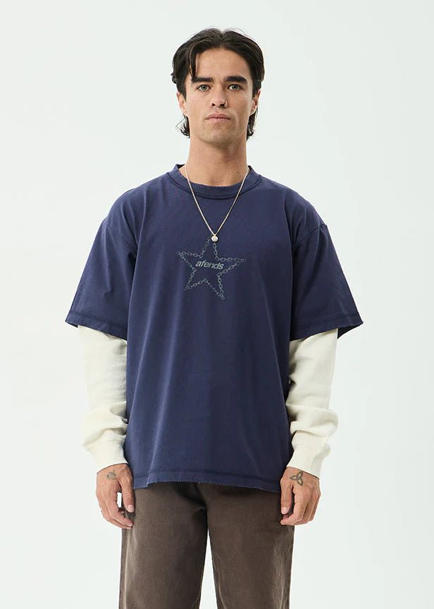 Chains - Recycled Heavyweight Layered Waffle Boxy Tee - AfendsM262061-WASHED DEEP SEA-XS