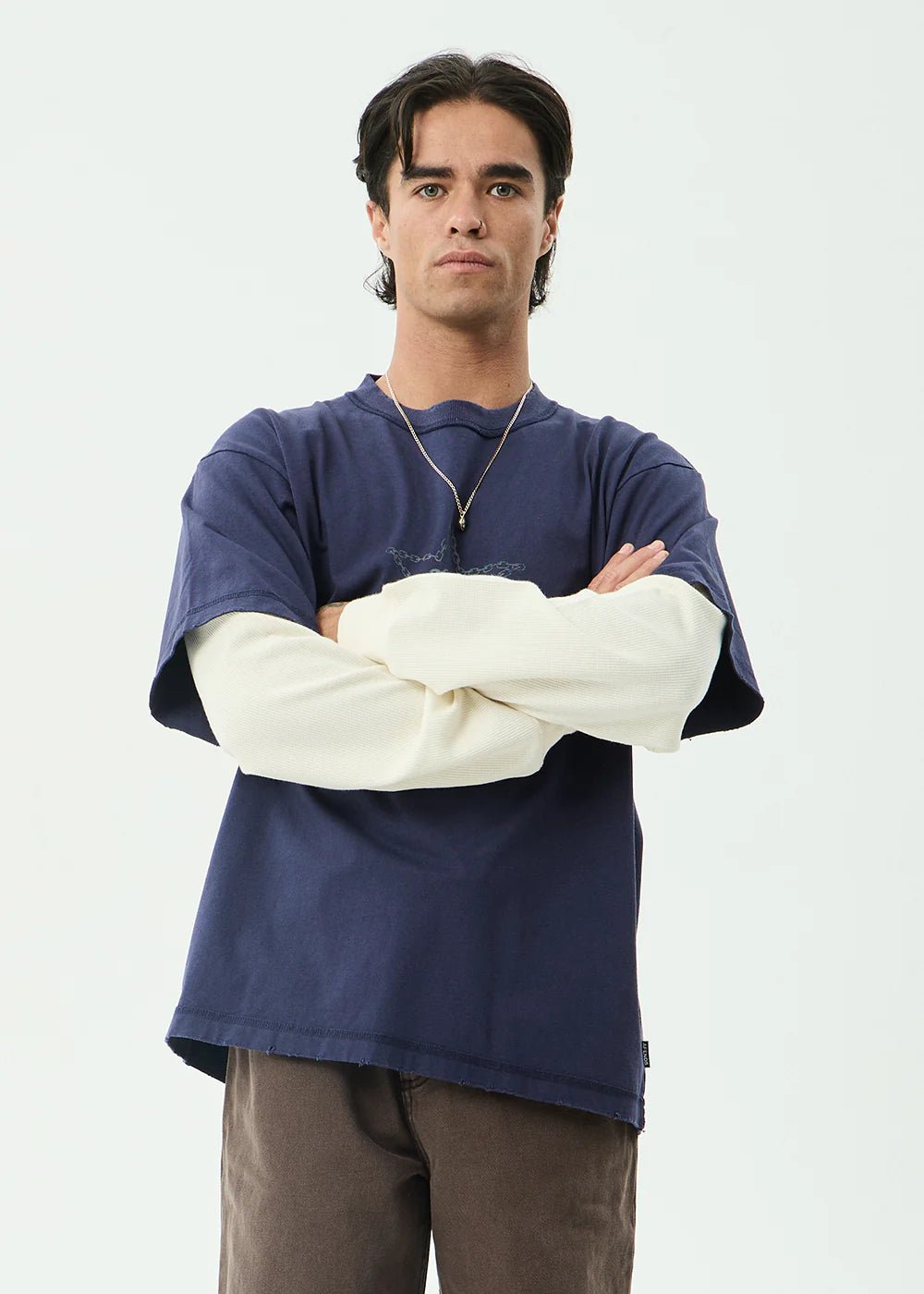 Chains - Recycled Heavyweight Layered Waffle Boxy Tee - AfendsM262061-WASHED DEEP SEA-XS