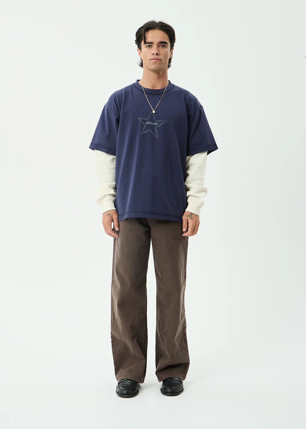 Chains - Recycled Heavyweight Layered Waffle Boxy Tee - AfendsM262061-WASHED DEEP SEA-XS