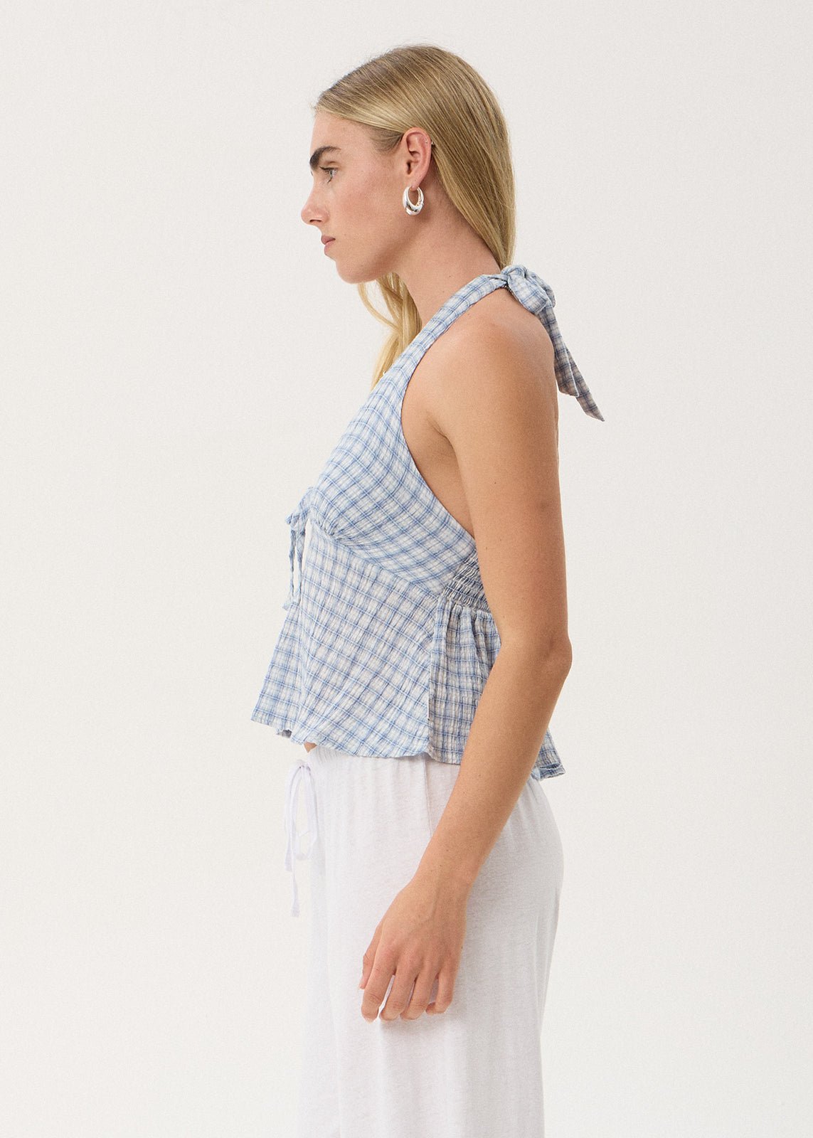 Delfina - Hemp Seersucker Halter Top -AfendsW264119-POWDER BLUE CHECK-XS
