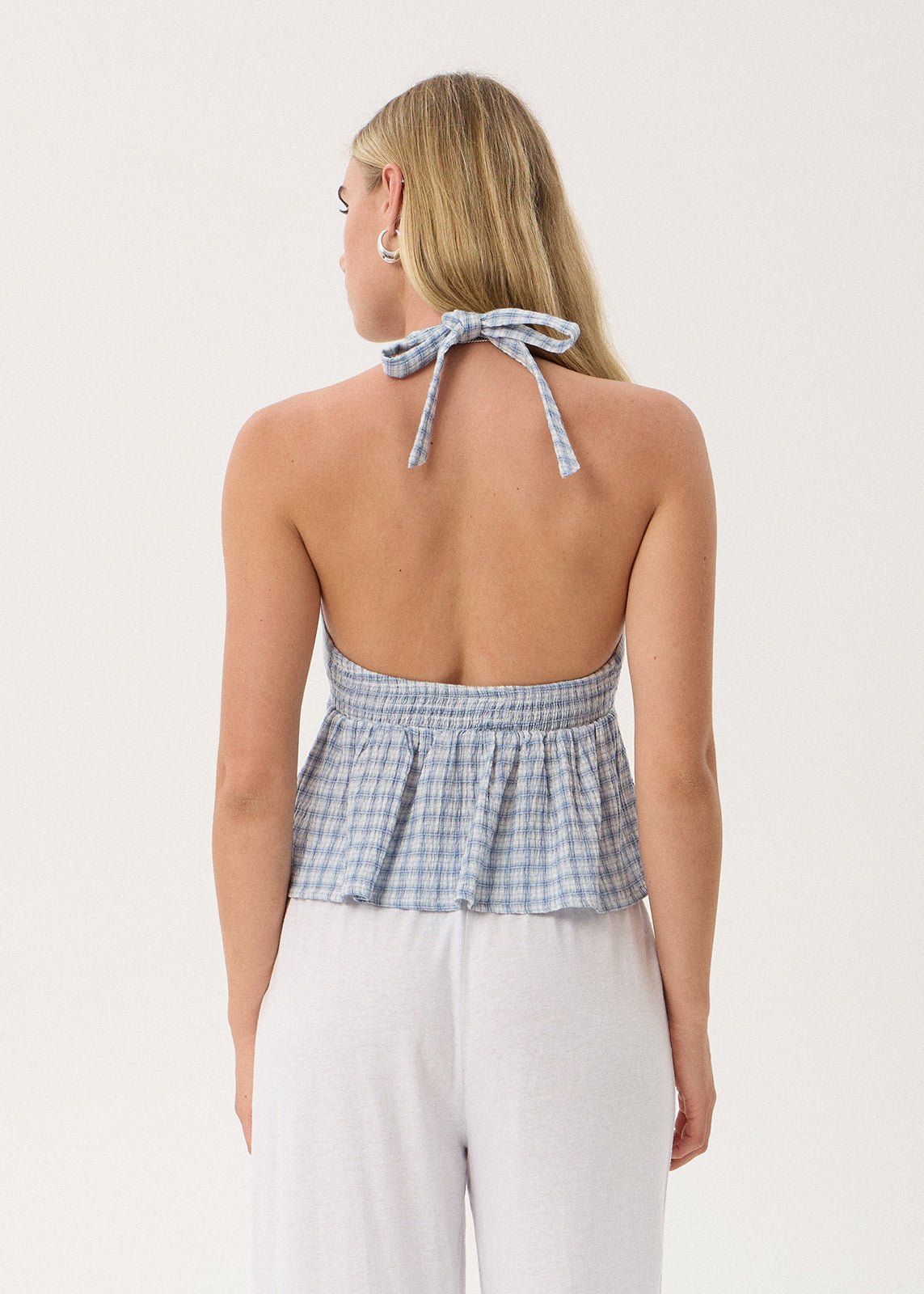 Delfina - Hemp Seersucker Halter Top -AfendsW264119-POWDER BLUE CHECK-XS