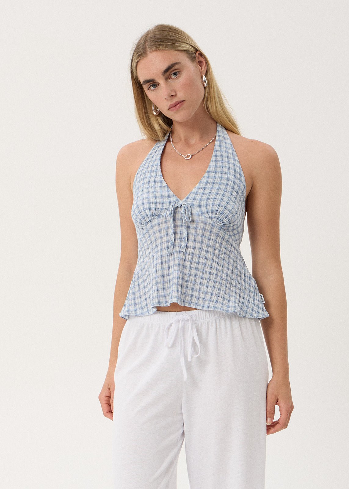 Delfina - Hemp Seersucker Halter Top -AfendsW264119-POWDER BLUE CHECK-XS