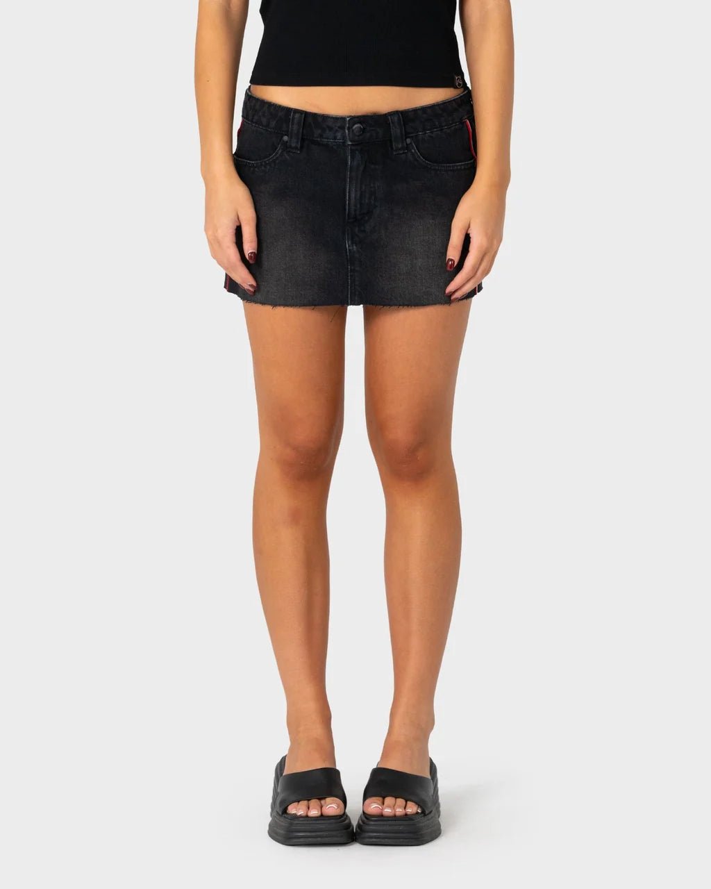 FLIP MOMMY RAW LOW RISE MINI DENIM SKIRT -RustySKL0690-BLASTED BLACK / RED-4