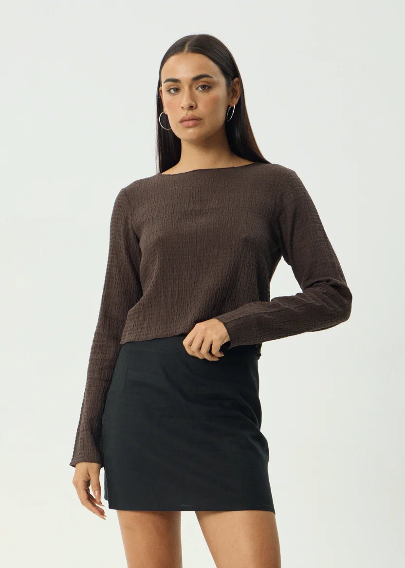 Focus - Seersucker Long Sleeve Top - AfendsW240068- Coffee-XS