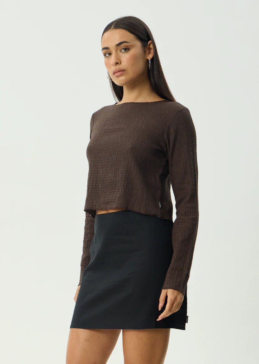 Focus - Seersucker Long Sleeve Top - AfendsW240068- Coffee-XS