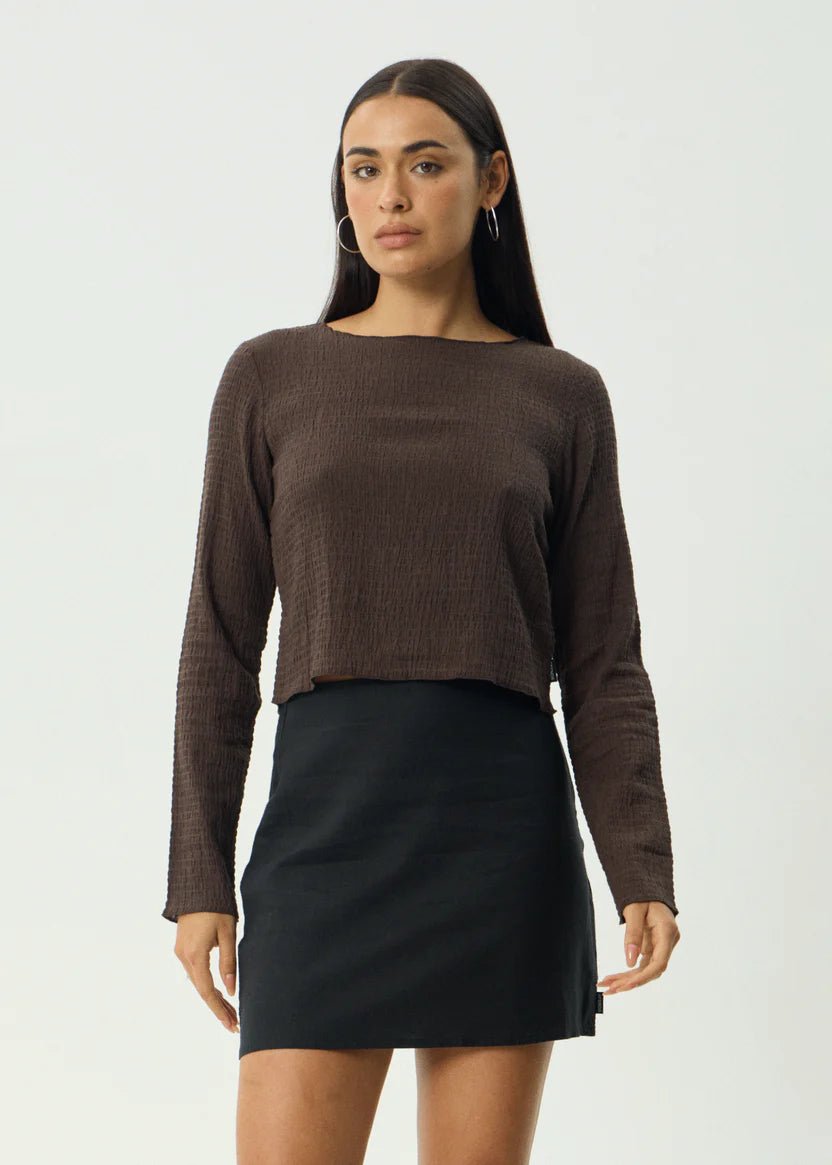 Focus - Seersucker Long Sleeve Top - AfendsW240068- Coffee-XS