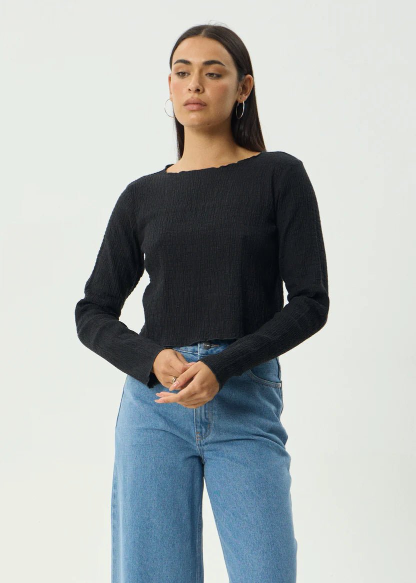 Focus - Seersucker Long Sleeve Top - AfendsW240068- Black-XS