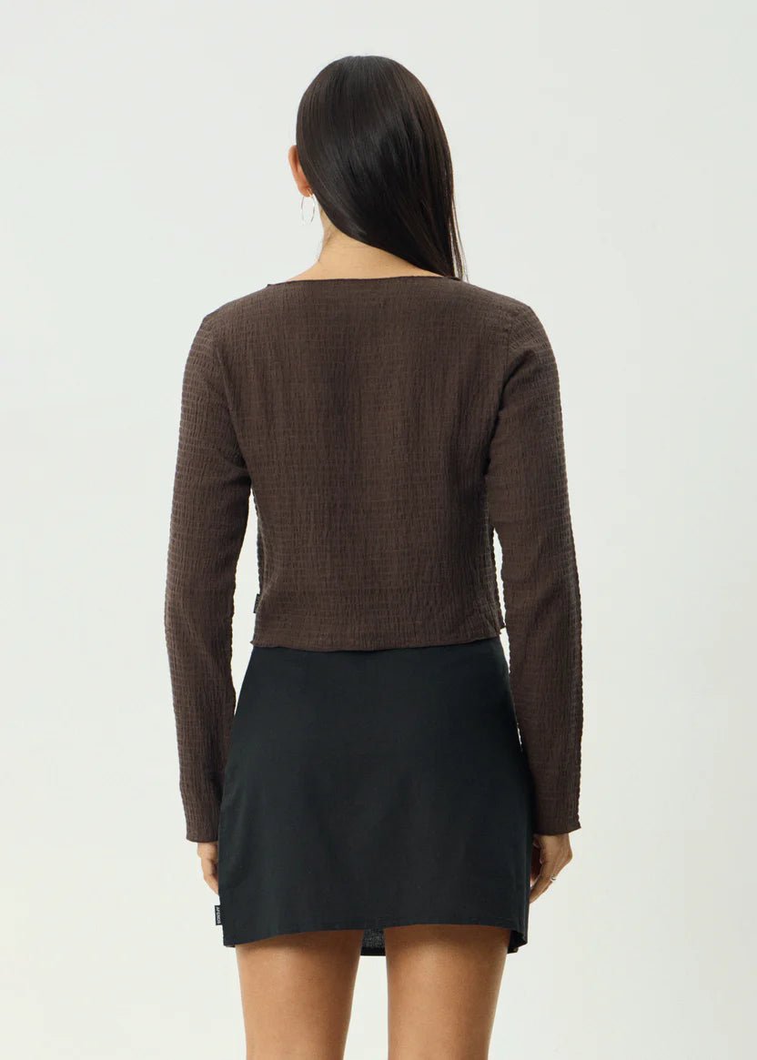 Focus - Seersucker Long Sleeve Top - AfendsW240068- Coffee-XS