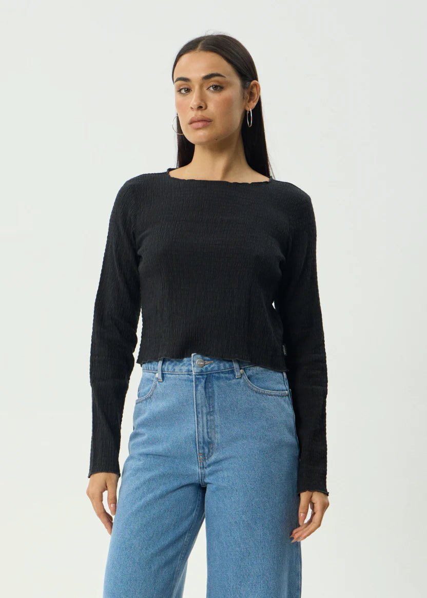 Focus - Seersucker Long Sleeve Top - AfendsW240068- Black-XS