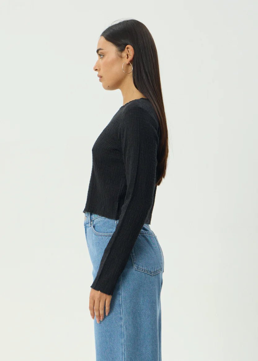 Focus - Seersucker Long Sleeve Top - AfendsW240068- Black-XS