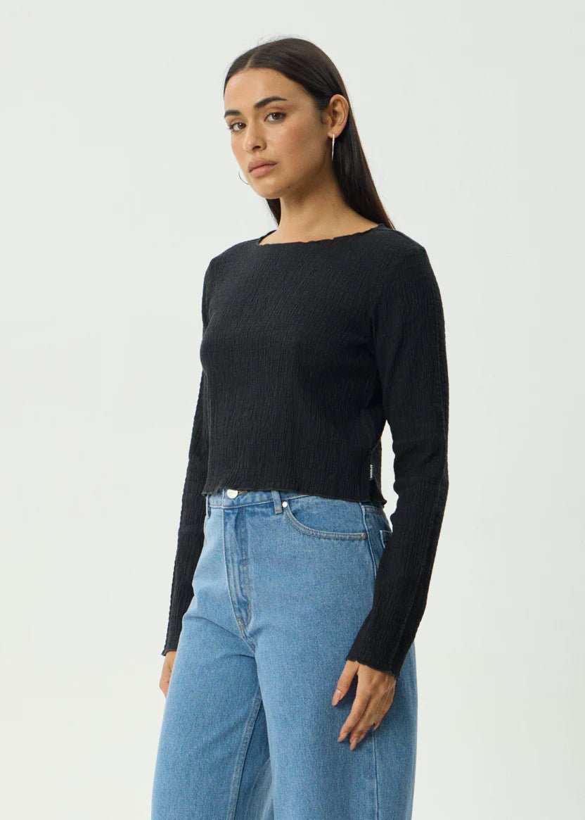 Focus - Seersucker Long Sleeve Top - AfendsW240068- Black-XS
