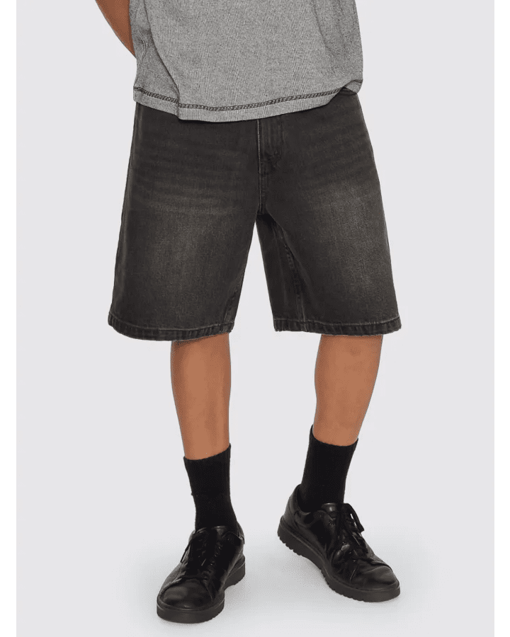 Mid Slacker Relaxed Long Denim Short -ThrillsTDP-328BL-Licorice-28