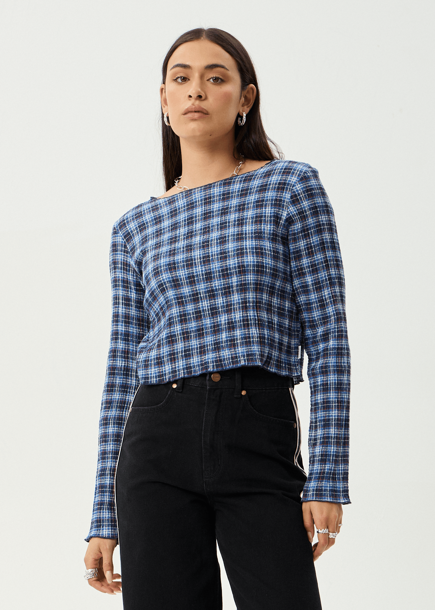 Mountains - Hemp Seersucker Long Sleeve Top - AfendsW262110- Navy Red Check-S