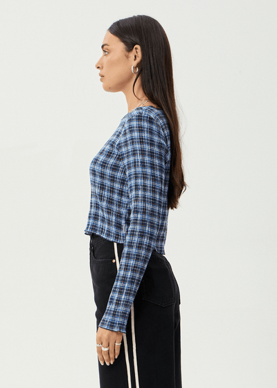 Mountains - Hemp Seersucker Long Sleeve Top - AfendsW262110- Navy Red Check-S