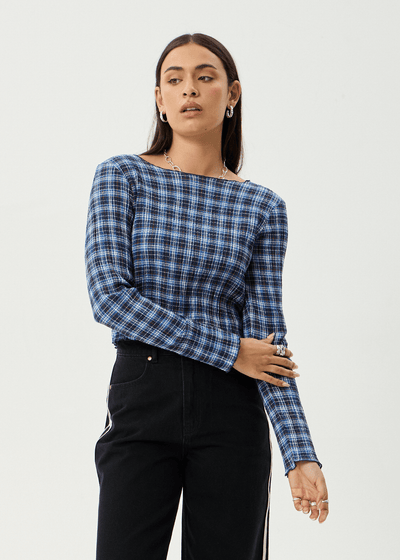 Mountains - Hemp Seersucker Long Sleeve Top - AfendsW262110- Navy Red Check-S