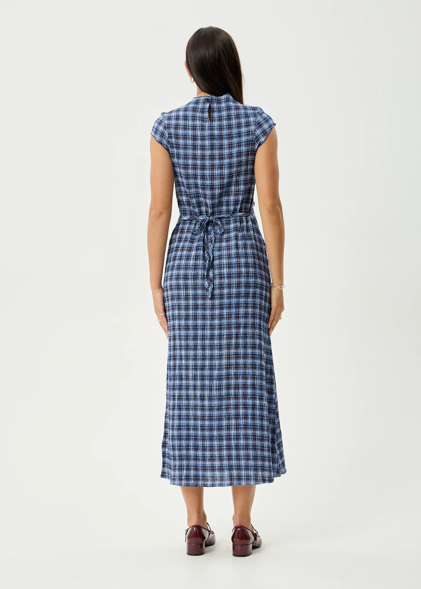 Mountains - Hemp Seersucker Midi Dress - AfendsW262811-NAVY RED CHECK-XS