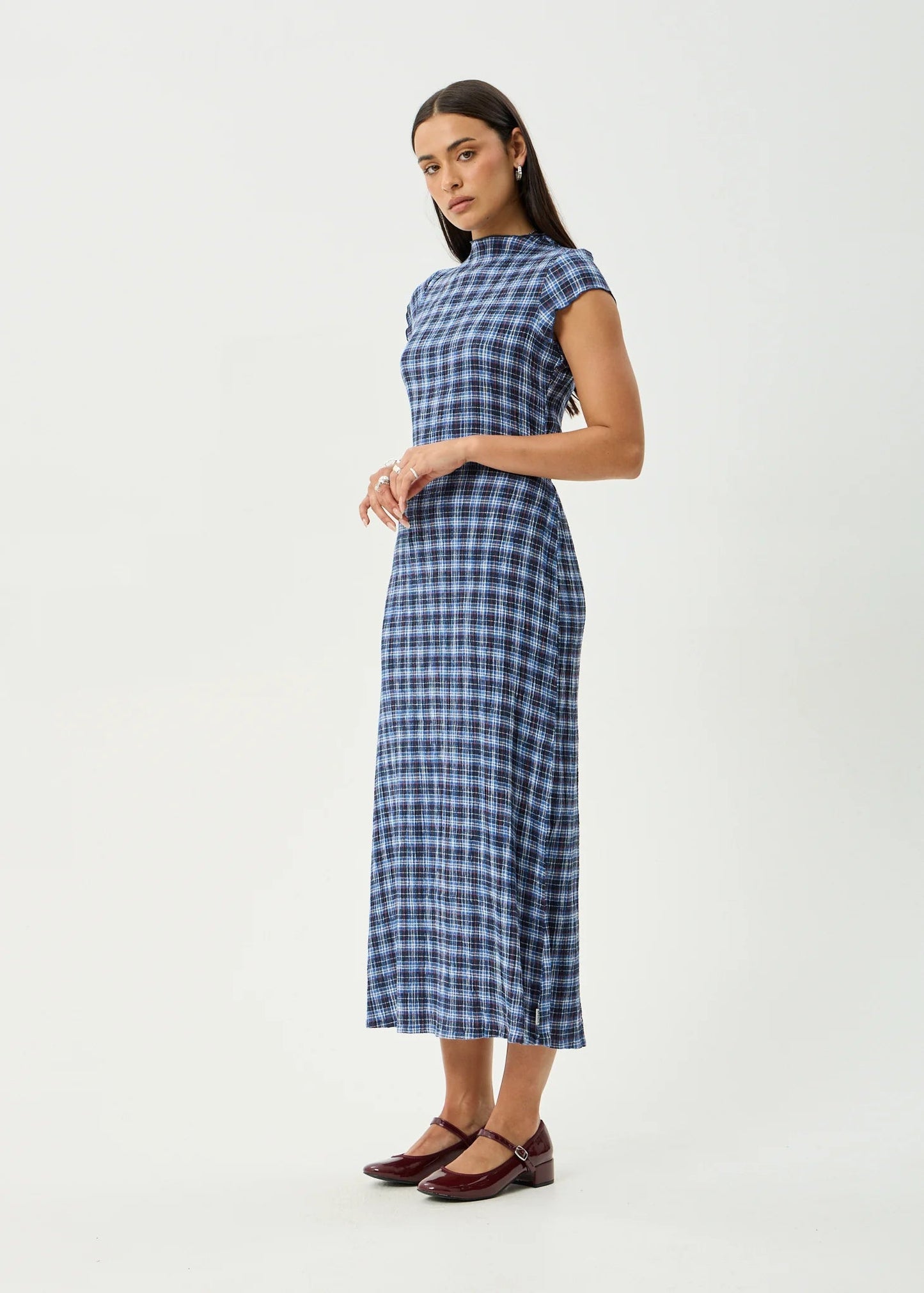 Mountains - Hemp Seersucker Midi Dress - AfendsW262811-NAVY RED CHECK-XS