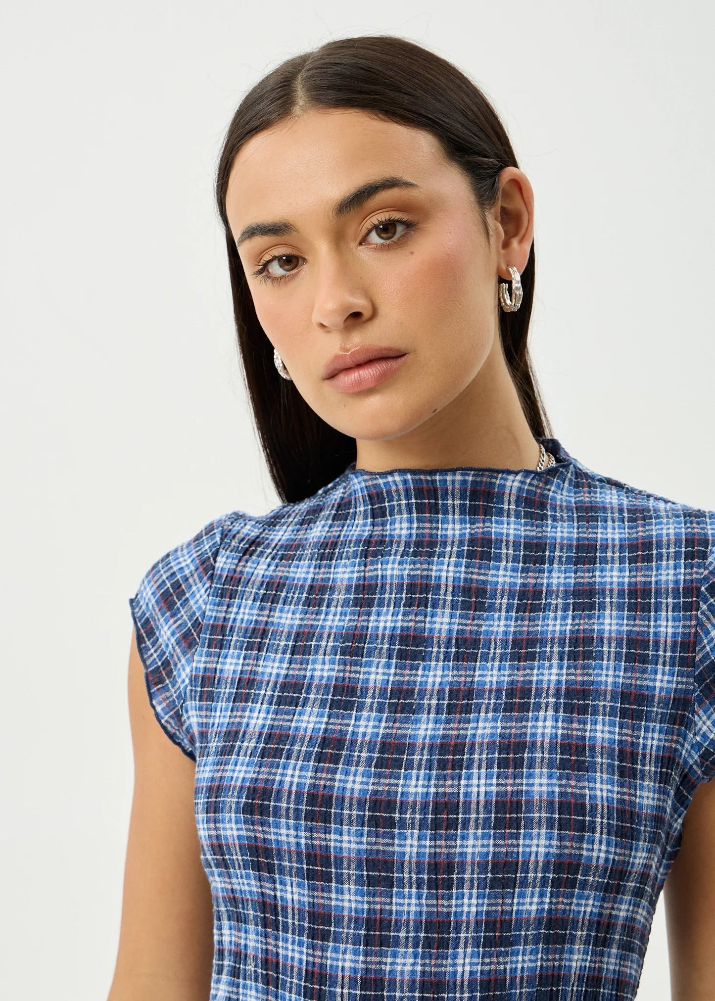 Mountains - Hemp Seersucker Midi Dress - AfendsW262811-NAVY RED CHECK-XS