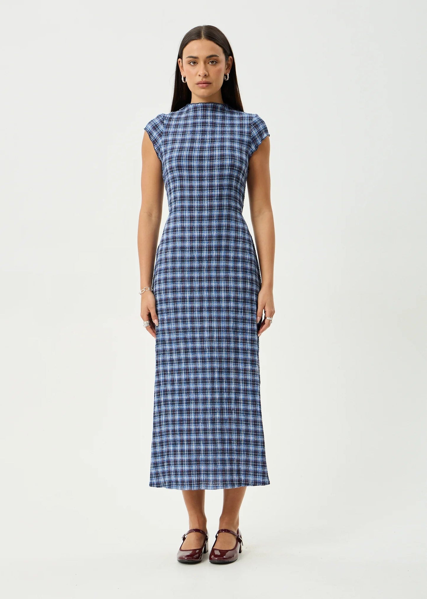 Mountains - Hemp Seersucker Midi Dress - AfendsW262811-NAVY RED CHECK-XS