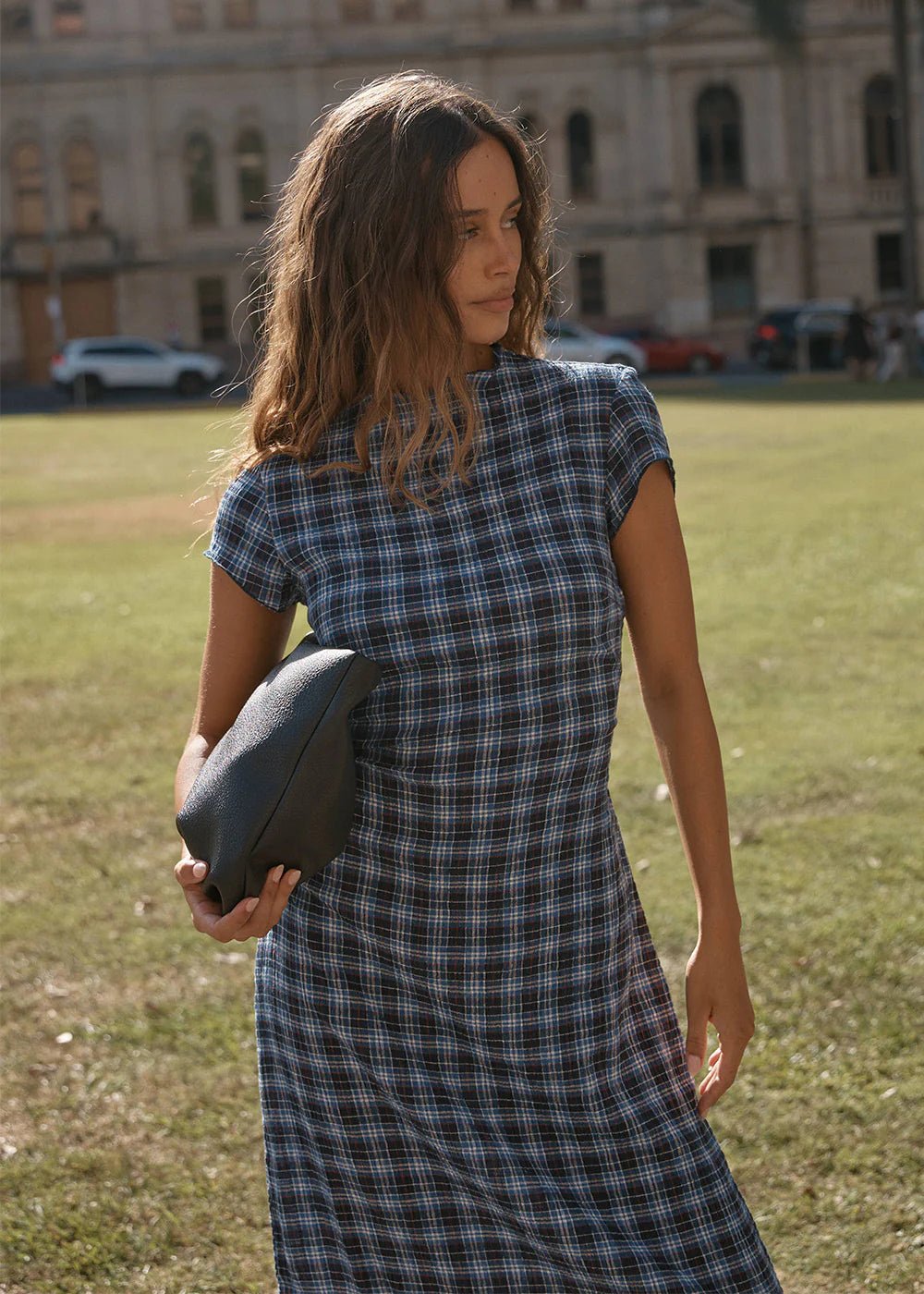 Mountains - Hemp Seersucker Midi Dress - AfendsW262811-NAVY RED CHECK-XS