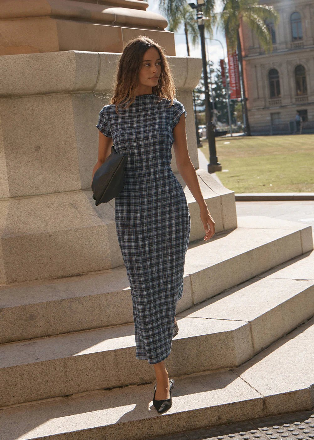 Mountains - Hemp Seersucker Midi Dress - AfendsW262811-NAVY RED CHECK-XS