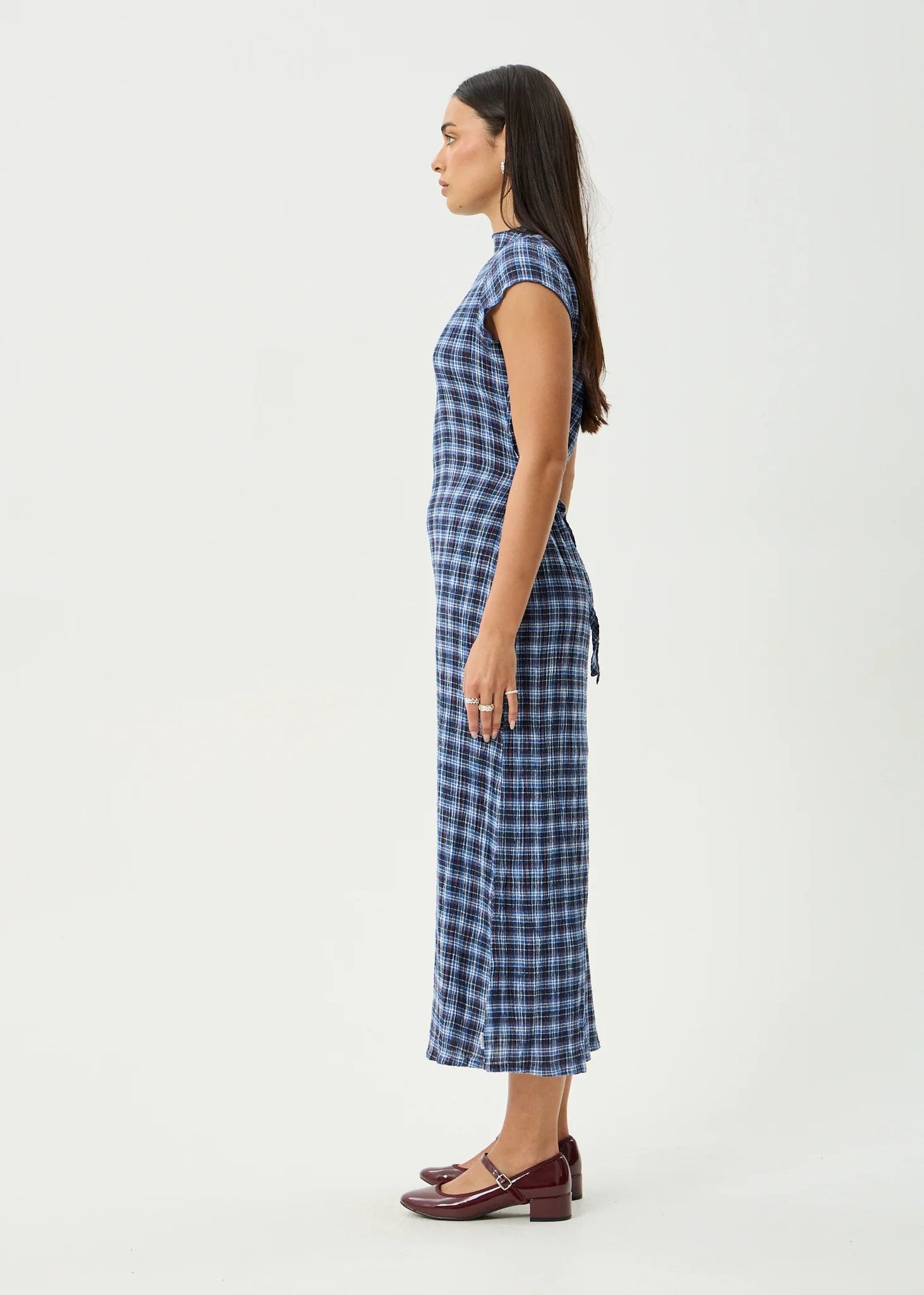 Mountains - Hemp Seersucker Midi Dress - AfendsW262811-NAVY RED CHECK-XS