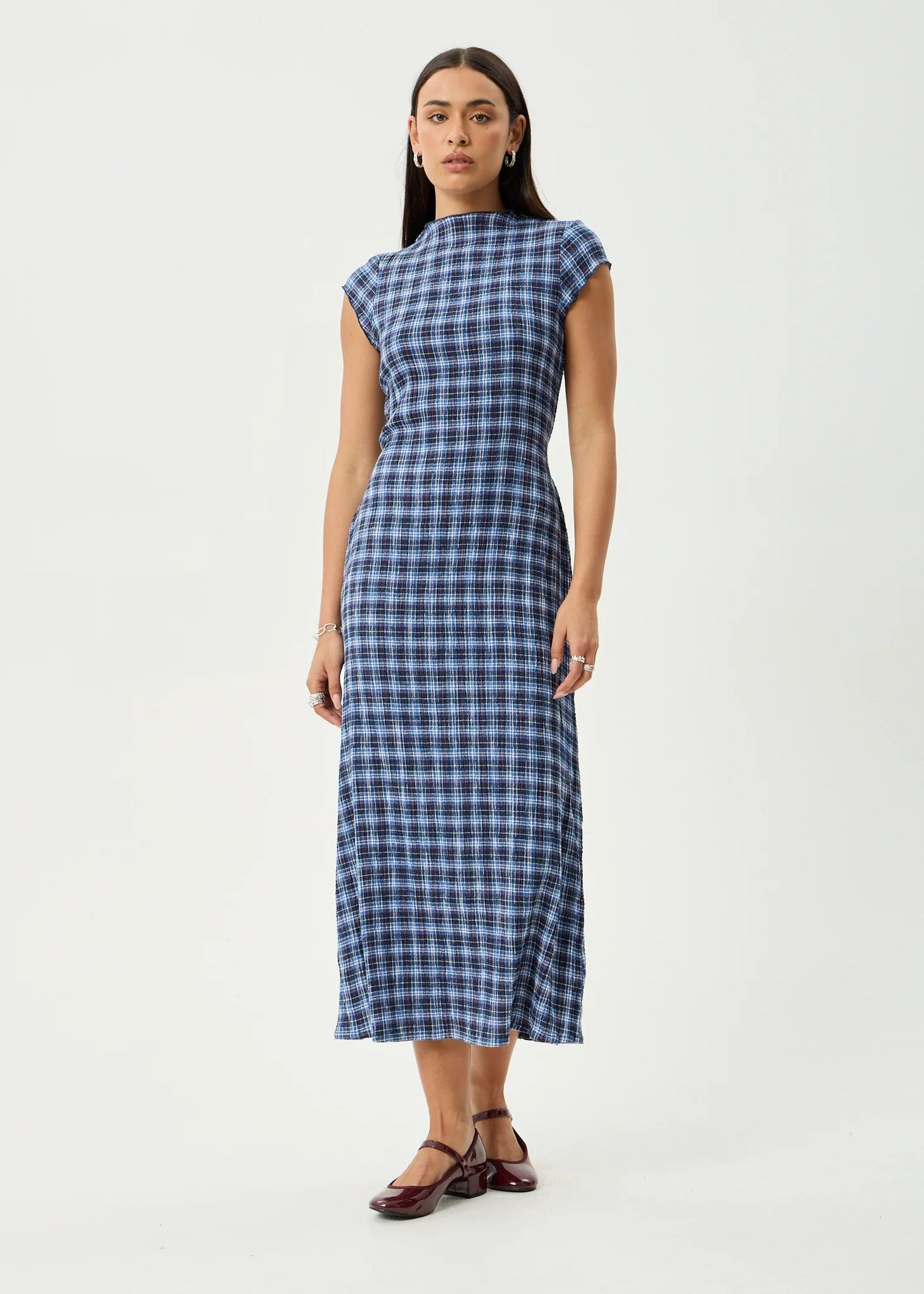 Mountains - Hemp Seersucker Midi Dress - AfendsW262811-NAVY RED CHECK-XS
