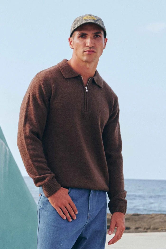 QUARTER ZIP KNIT - RhythmCD24M-KN11-DARK BROWN-S