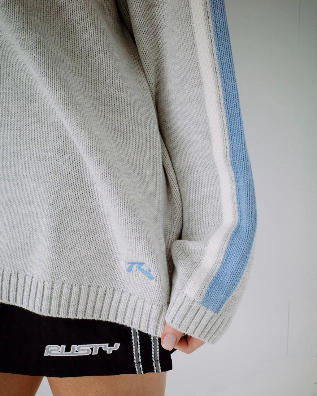 WHITE LINES LONG SLEEVE CREW NECK KNIT - RustyCKL0510-GREY MARLE / BLUE-XS