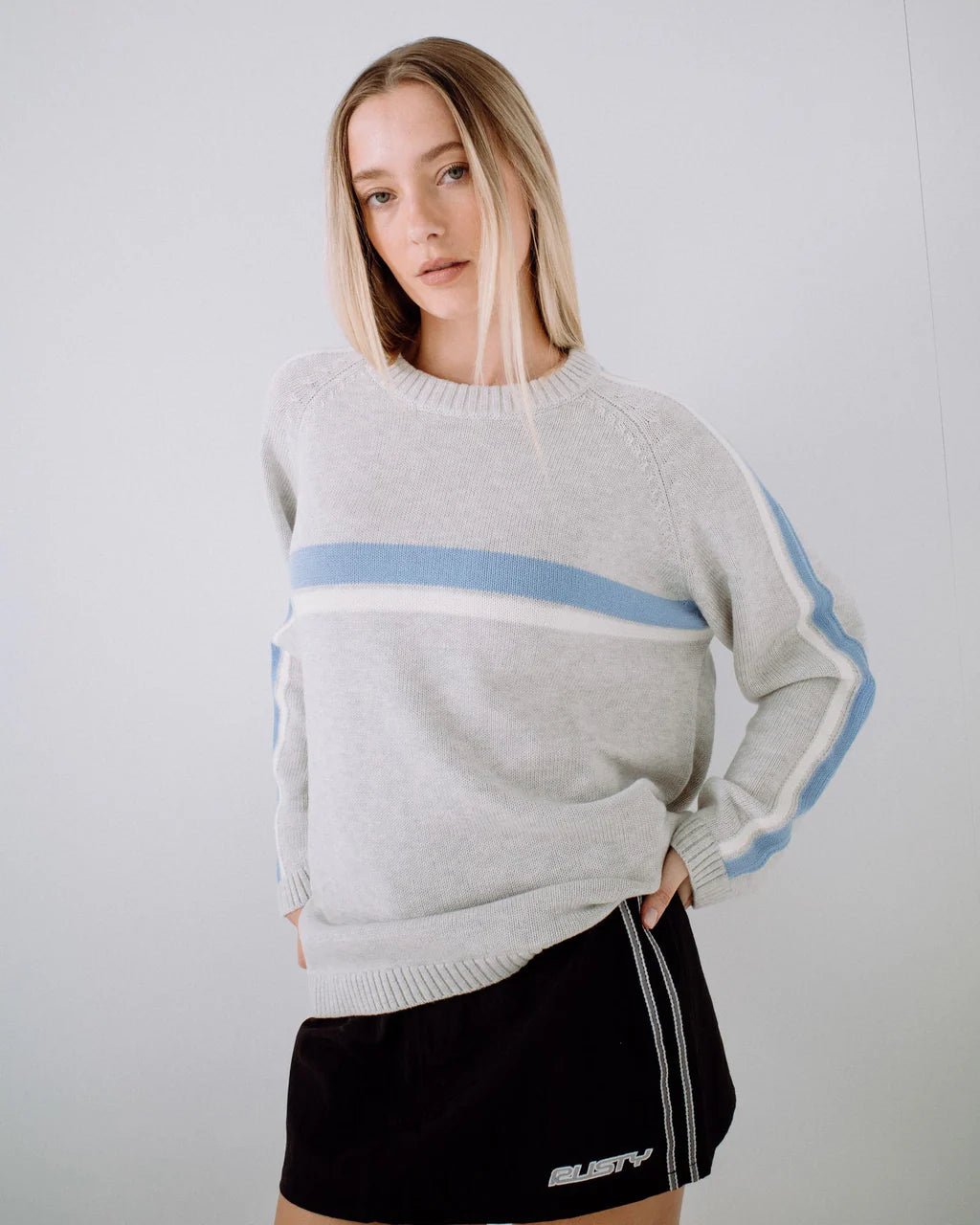 WHITE LINES LONG SLEEVE CREW NECK KNIT - RustyCKL0510-GREY MARLE / BLUE-XS