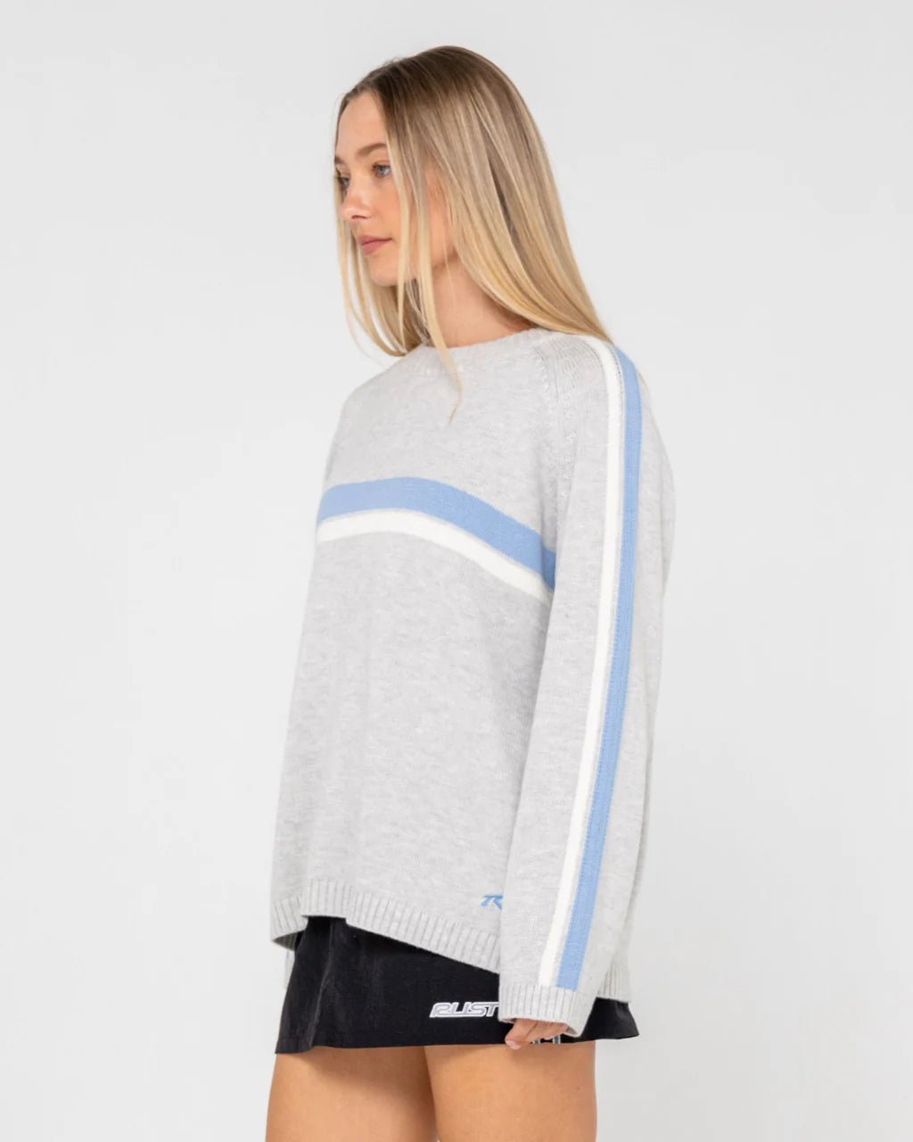 WHITE LINES LONG SLEEVE CREW NECK KNIT - RustyCKL0510-GREY MARLE / BLUE-XS