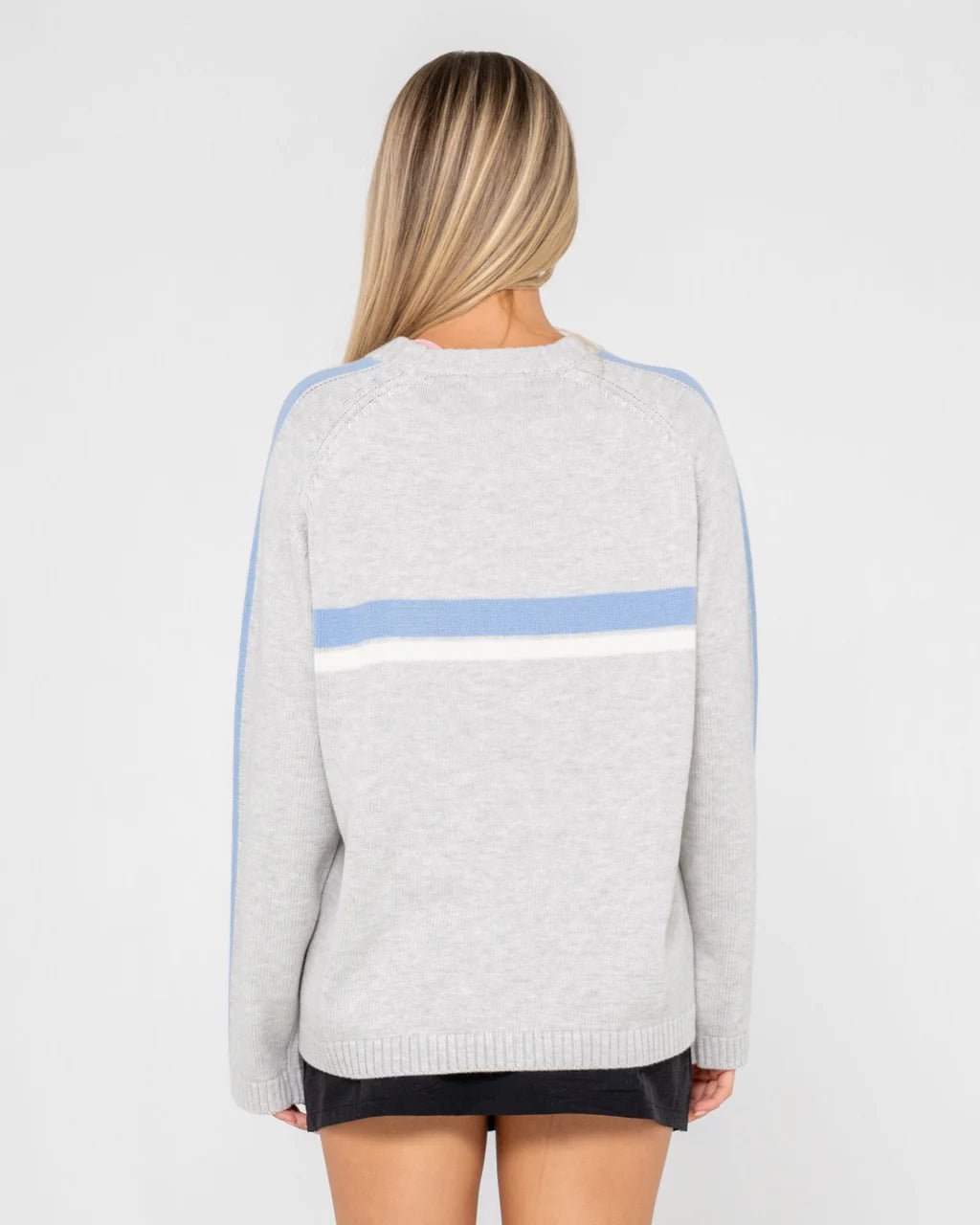 WHITE LINES LONG SLEEVE CREW NECK KNIT - RustyCKL0510-GREY MARLE / BLUE-XS