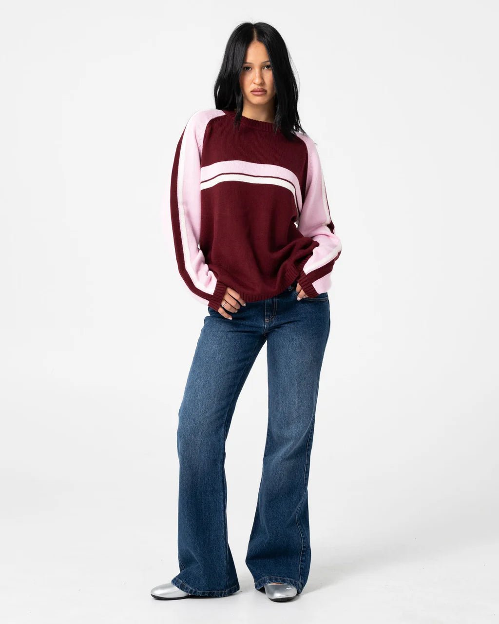 WHITE LINES TWO L/S CREW NECK KNIT - RustyCKL0541-BURGUNDY-XS