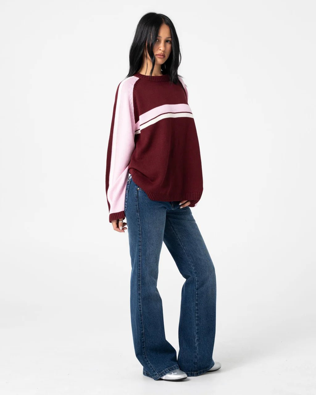 WHITE LINES TWO L/S CREW NECK KNIT - RustyCKL0541-BURGUNDY-XS