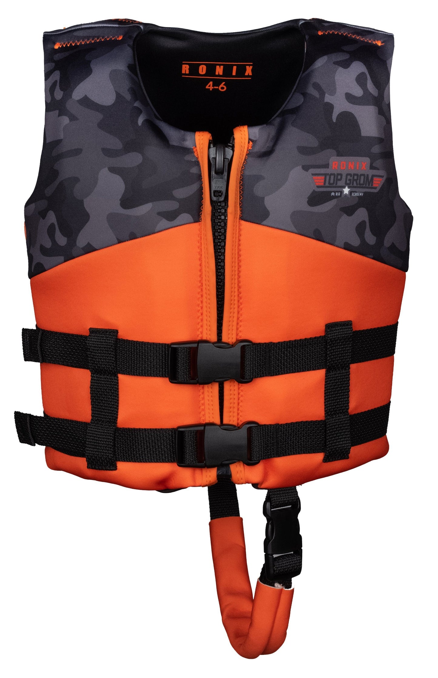 2022 Ronix Top Grom L50s Vest Watersports - Neoprene - Kids Vests Ronix Orange / Black Camo 4to6 